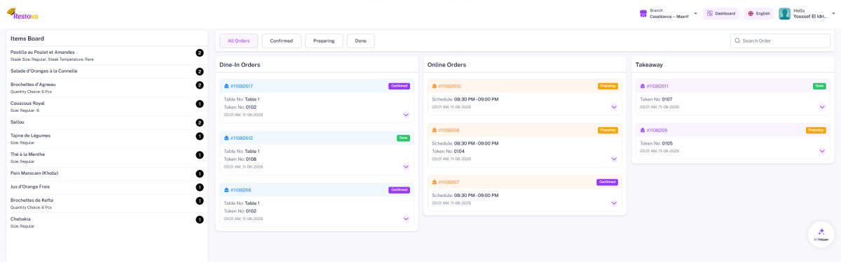 Ecran cuisine Restova : commandes sur place, en ligne et a emporter avec leur statut