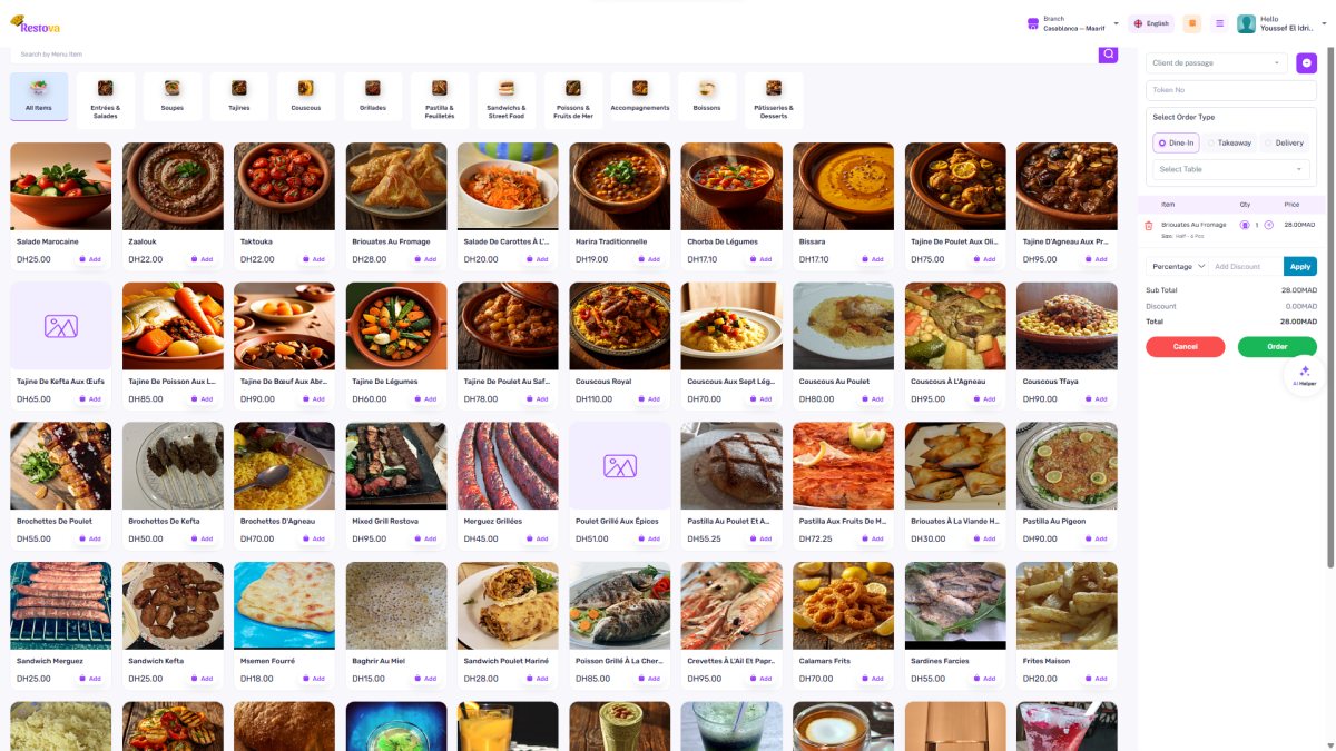 Caisse Restova : catalogue marocain en photos et ticket en cours de saisie